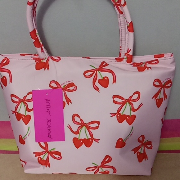 Betsey Johnson Pink Cherry Hearts Lunch Tote πππππ With Ribbons - Picture 4 of 5